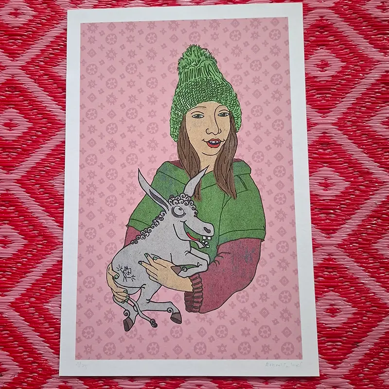 Fine-Art-Druck Mädchenportrait mit Esel